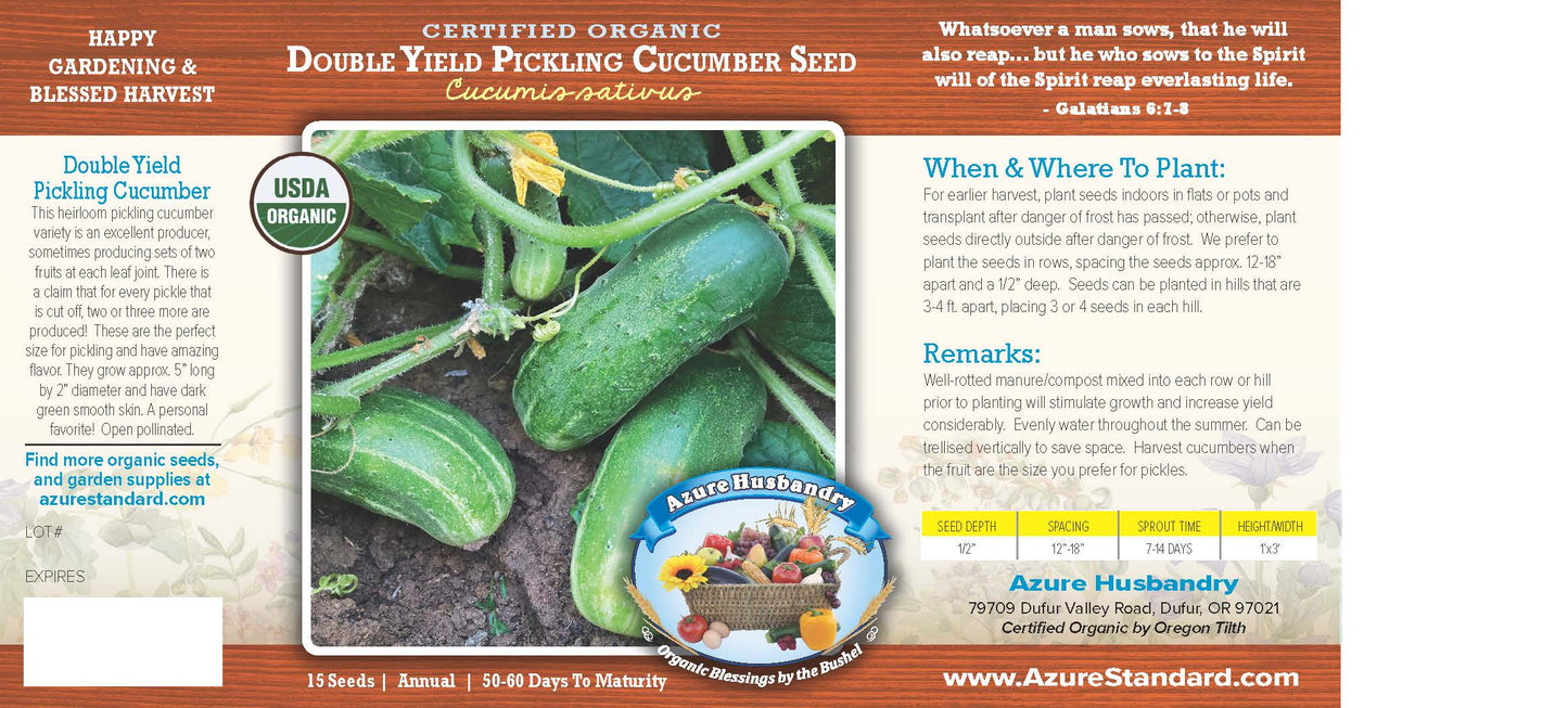 Double Yield Pickling Cucumber Seed, Organic