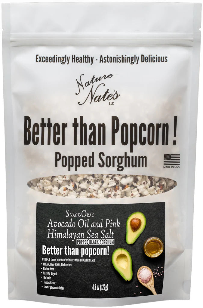 Popped Black Sorghum, Avocado Oil and Pink Himalayan Sea Salt