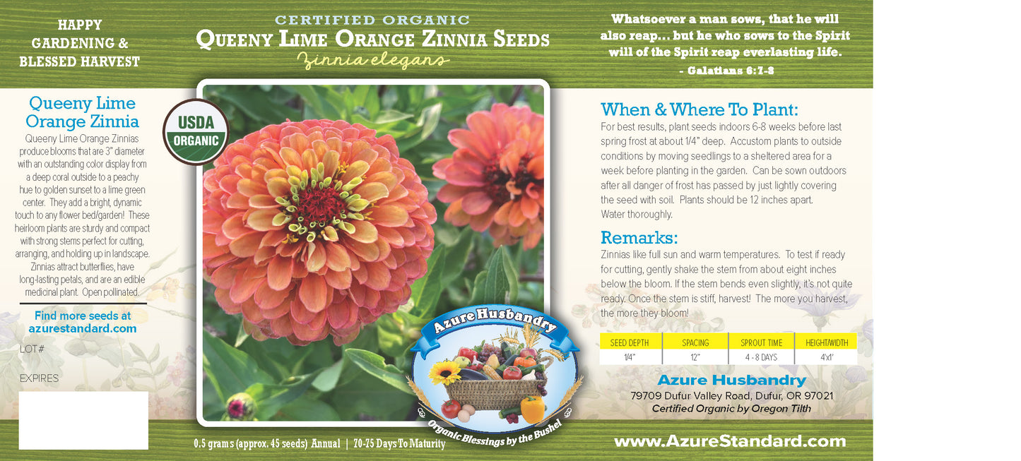 Queeny Lime Orange Zinnia Seed, Organic