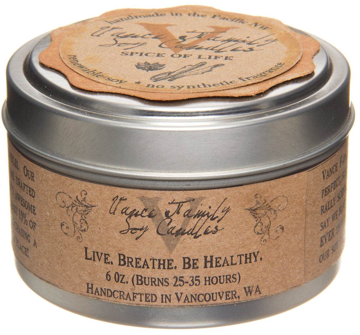 Soy Candle in Mid-Size Tin, Spice of Life, Non-GMO