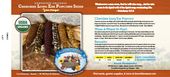 Cherokee Long Ear Popcorn Seed, Organic