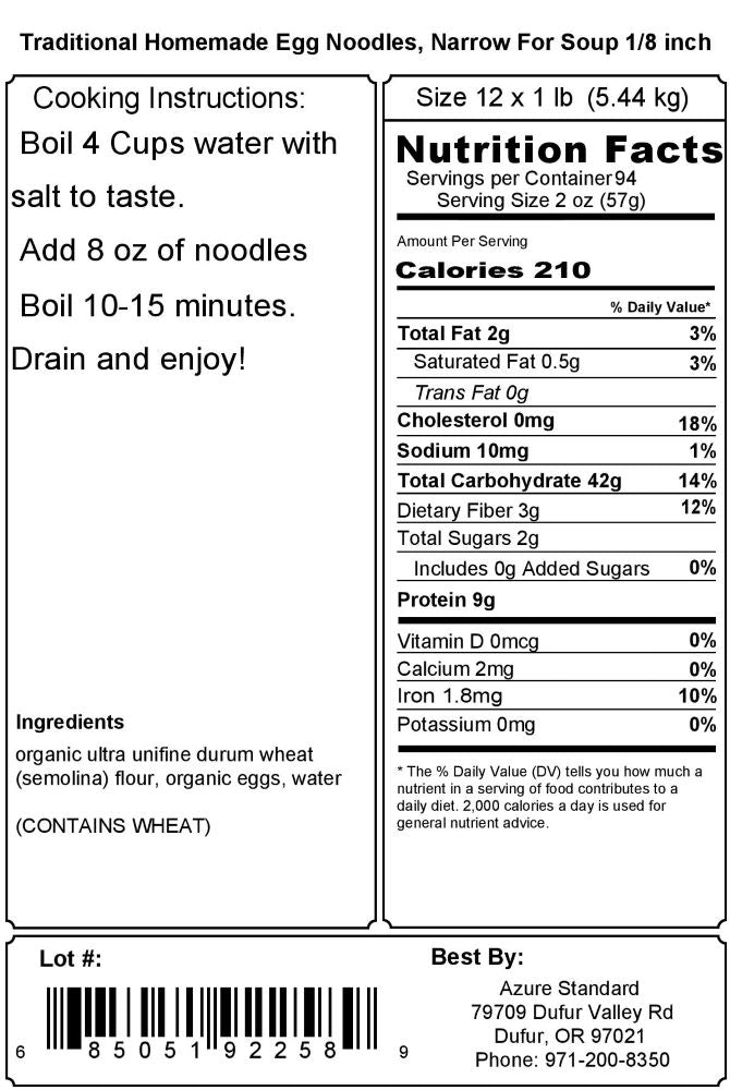 Traditional Homemade Egg Noodles, Narrow For Soup 1/8 inch