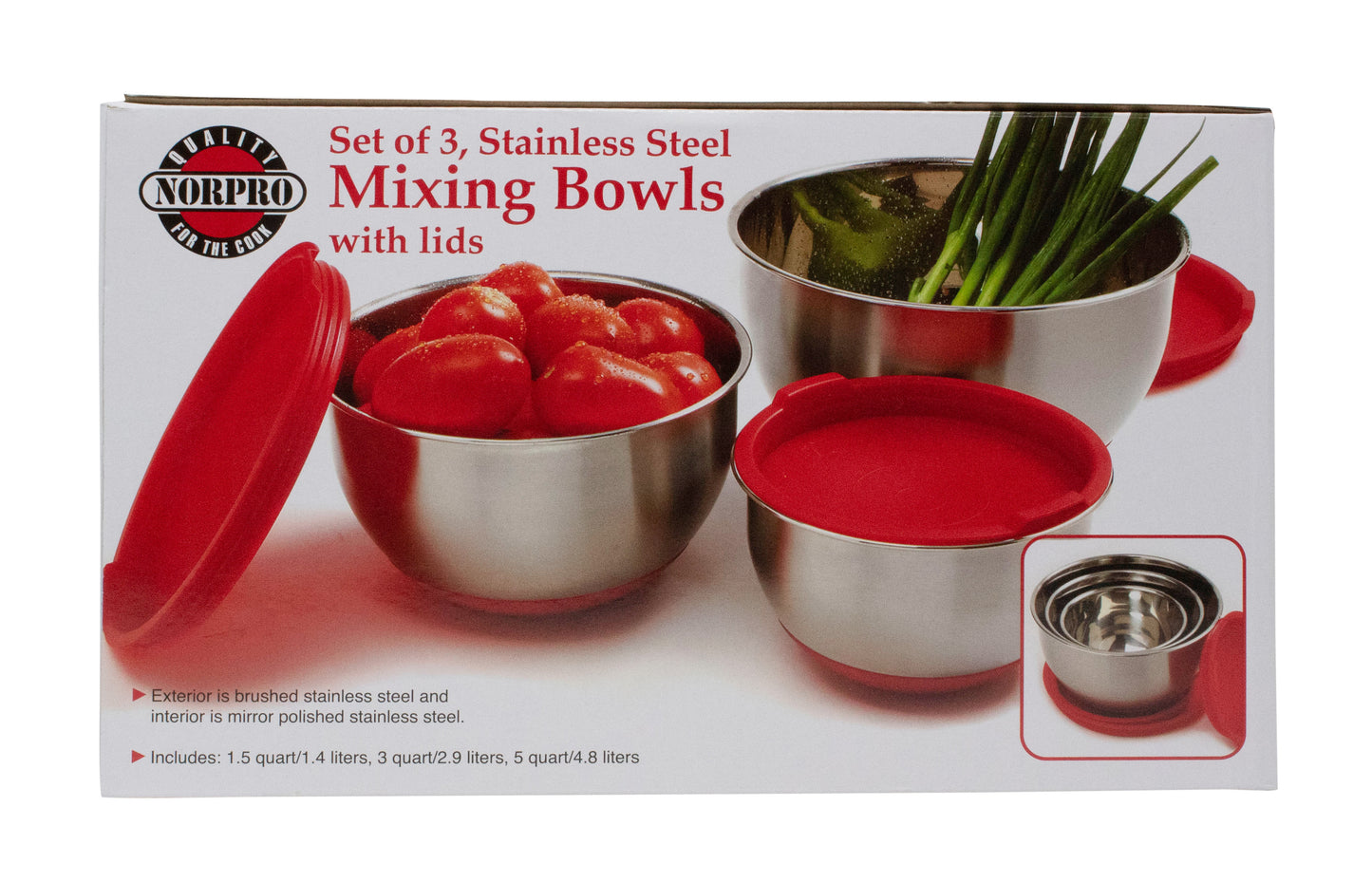 Mixing Bowls with Grip and Lid, Stainless Steel, Set of 3