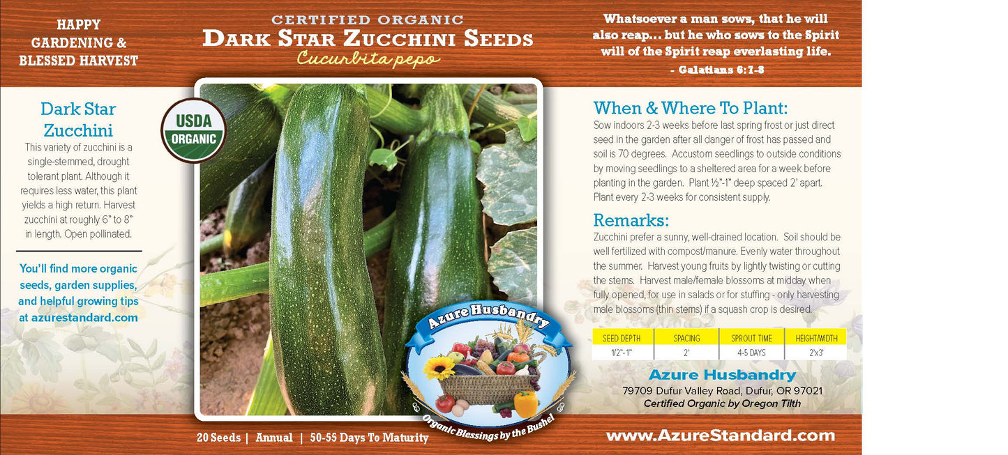 Dark Star Zucchini Seed, Organic