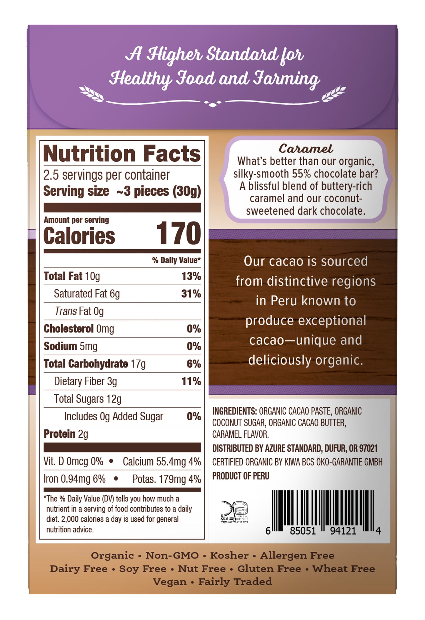Dark Chocolate Bar Caramel 55%, Sweetened With Coconut Sugar, Organic