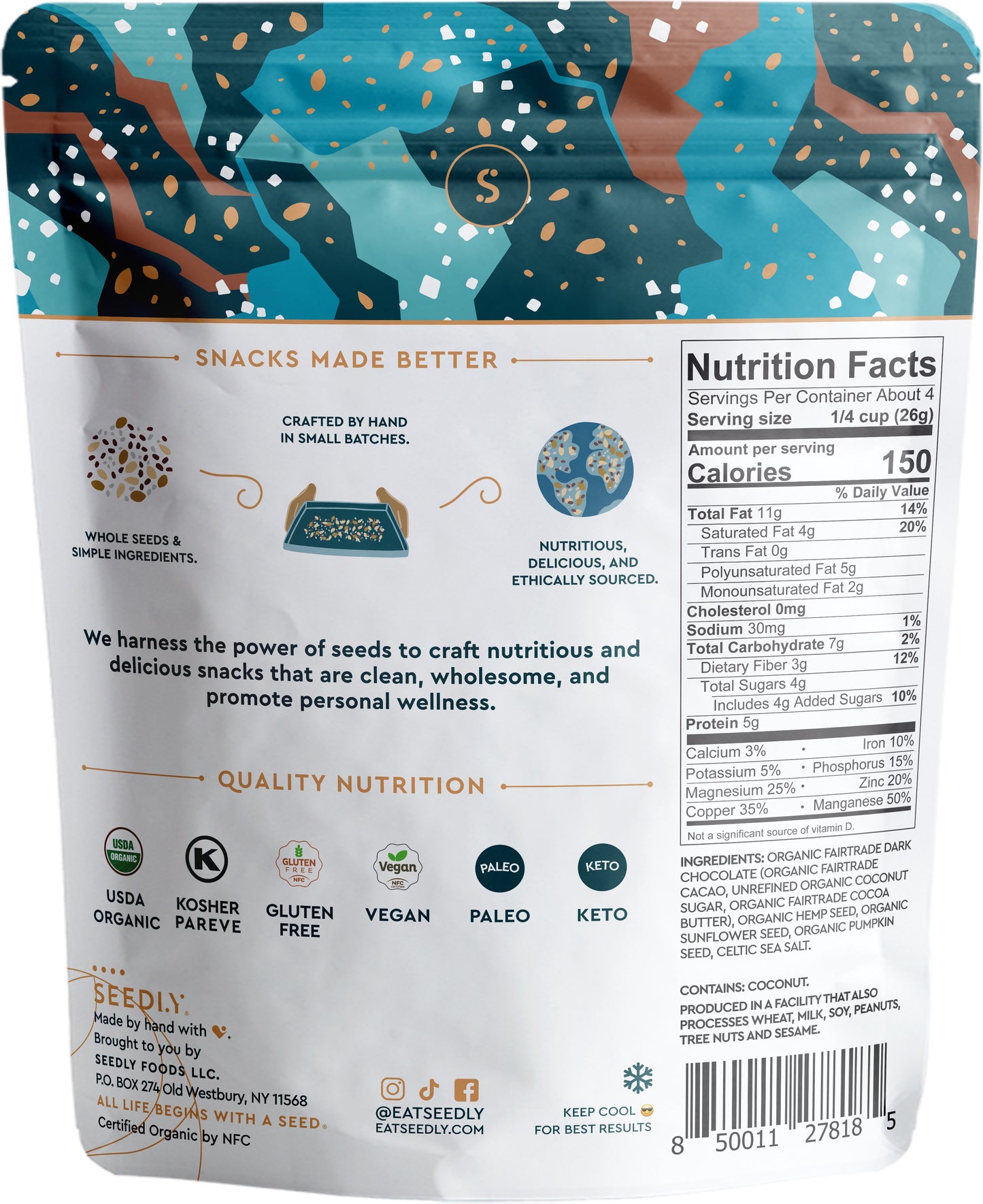 Dark Chocolate Seed Bark, Celtic Sea Salt, Organic