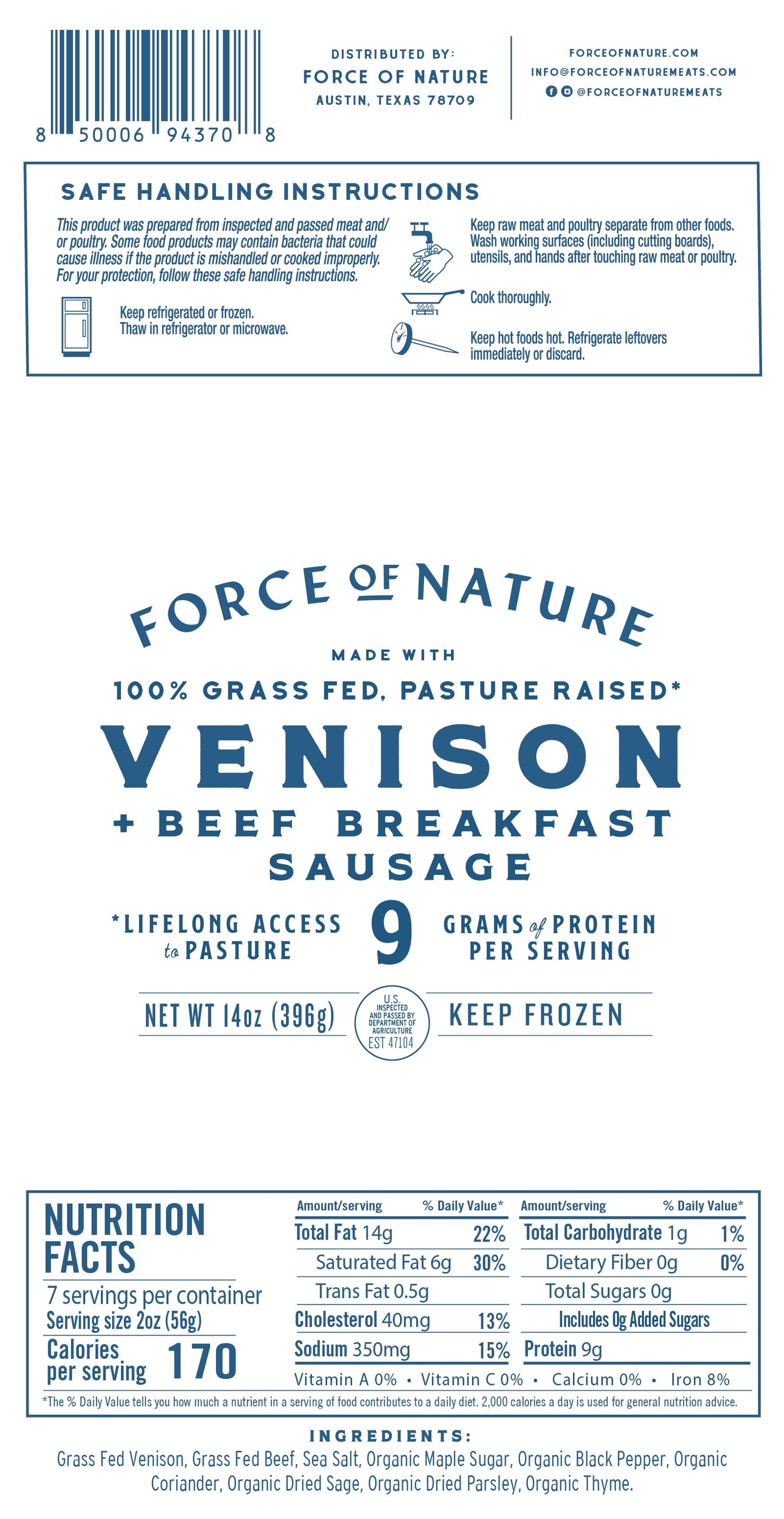 Venison Breakfast Sausage, Grass-Fed, Frozen