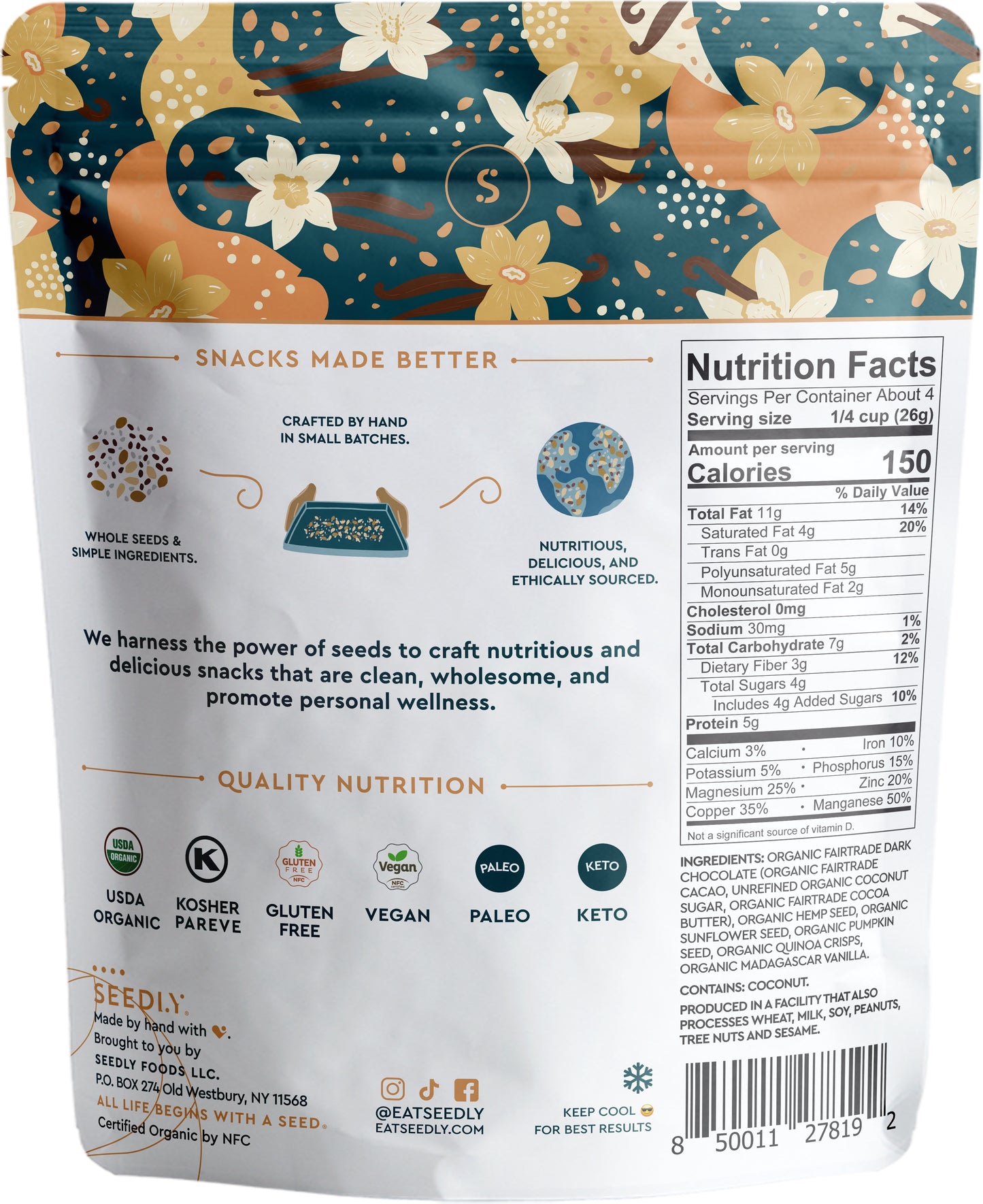 Dark Chocolate Seed Bark, Vanilla Quinoa Crunch, Organic