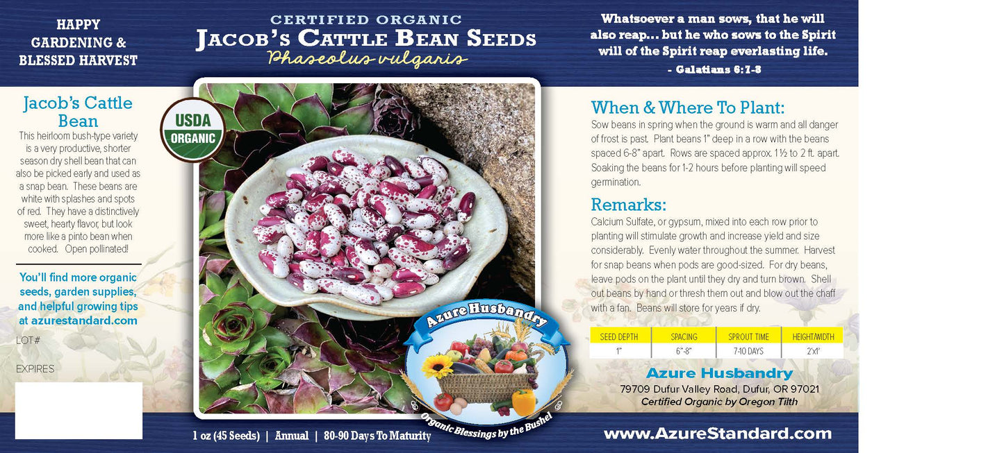 Jacob's Cattle Bean Seed, Organic