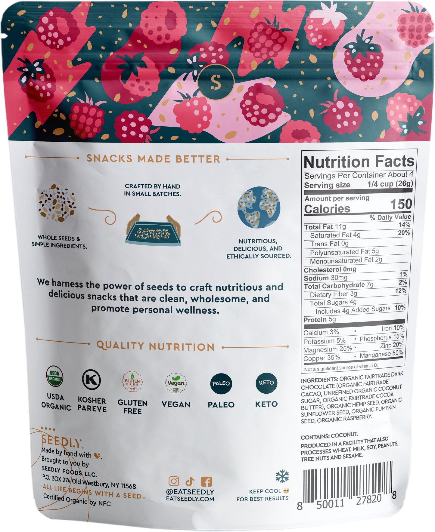 Dark Chocolate Seed Bark, Raspberry Bliss, Organic