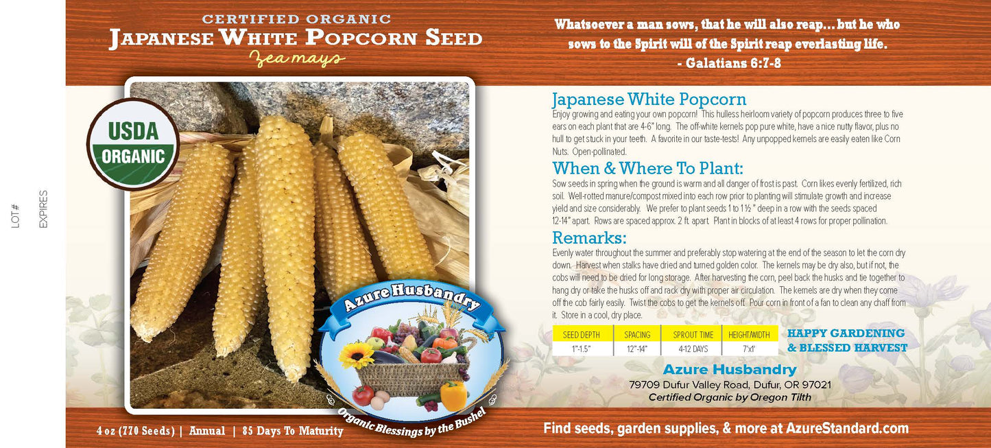 Japanese White Popcorn Seed, Organic