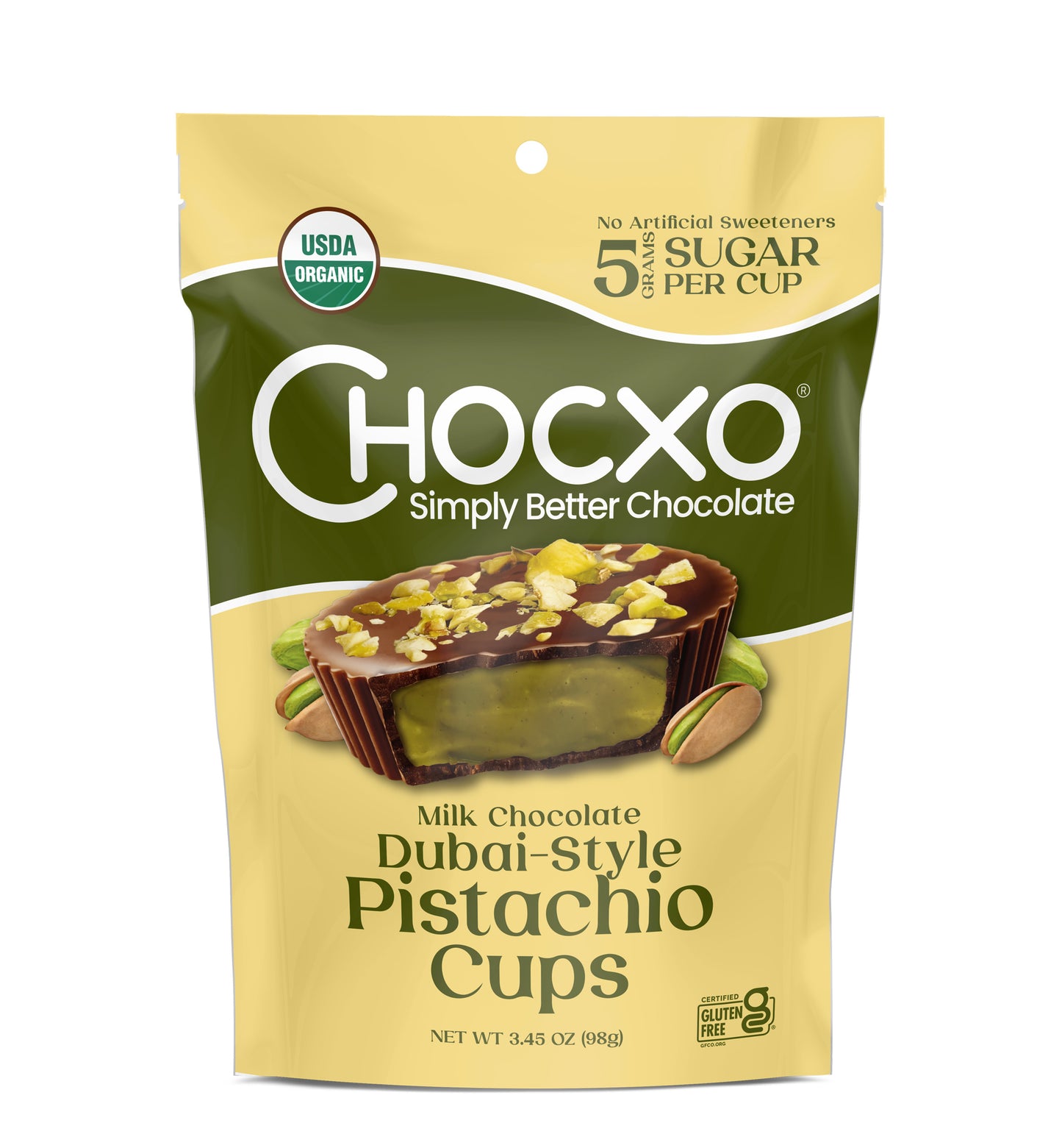 Milk Chocolate Cups, Dubai Style Pistachio, Organic