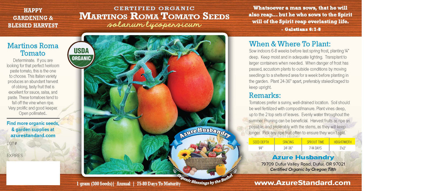 Martinos Roma Tomato Seed, Organic