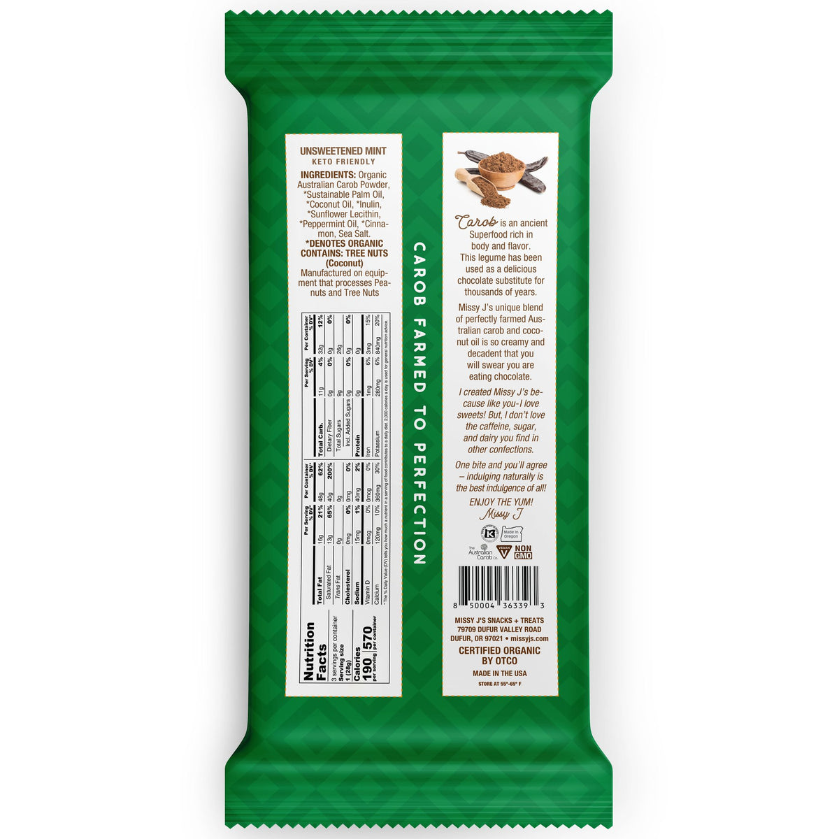 Dark Delight Carob Candy Bar, Unsweetened Mint, Organic