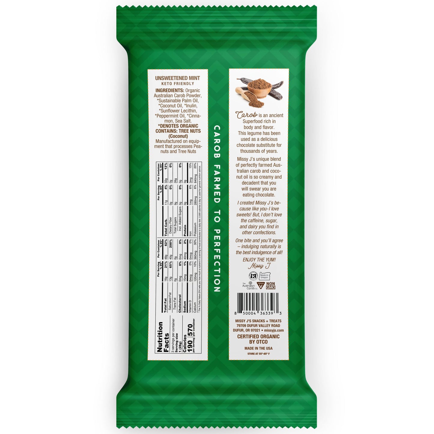 Dark Delight Carob Candy Bar, Unsweetened Mint, Organic