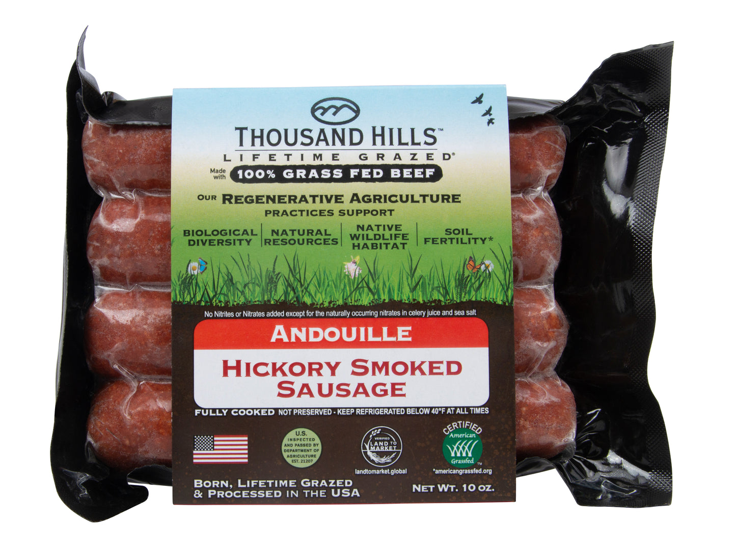 Andouille Sausage, Beef, Uncured, Hickory Smoked, Frozen, Grass-Fed
