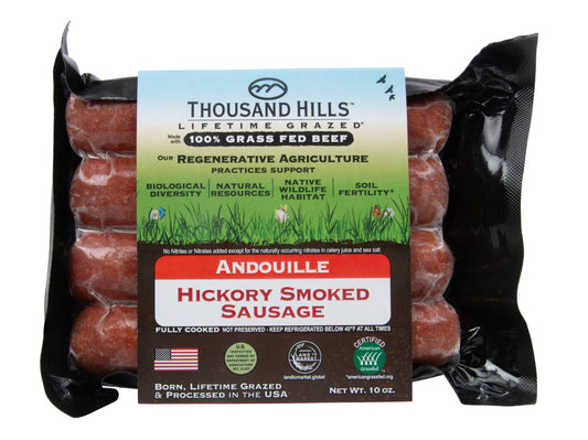 Andouille Sausage, Beef, Uncured, Hickory Smoked, Frozen, Grass-Fed