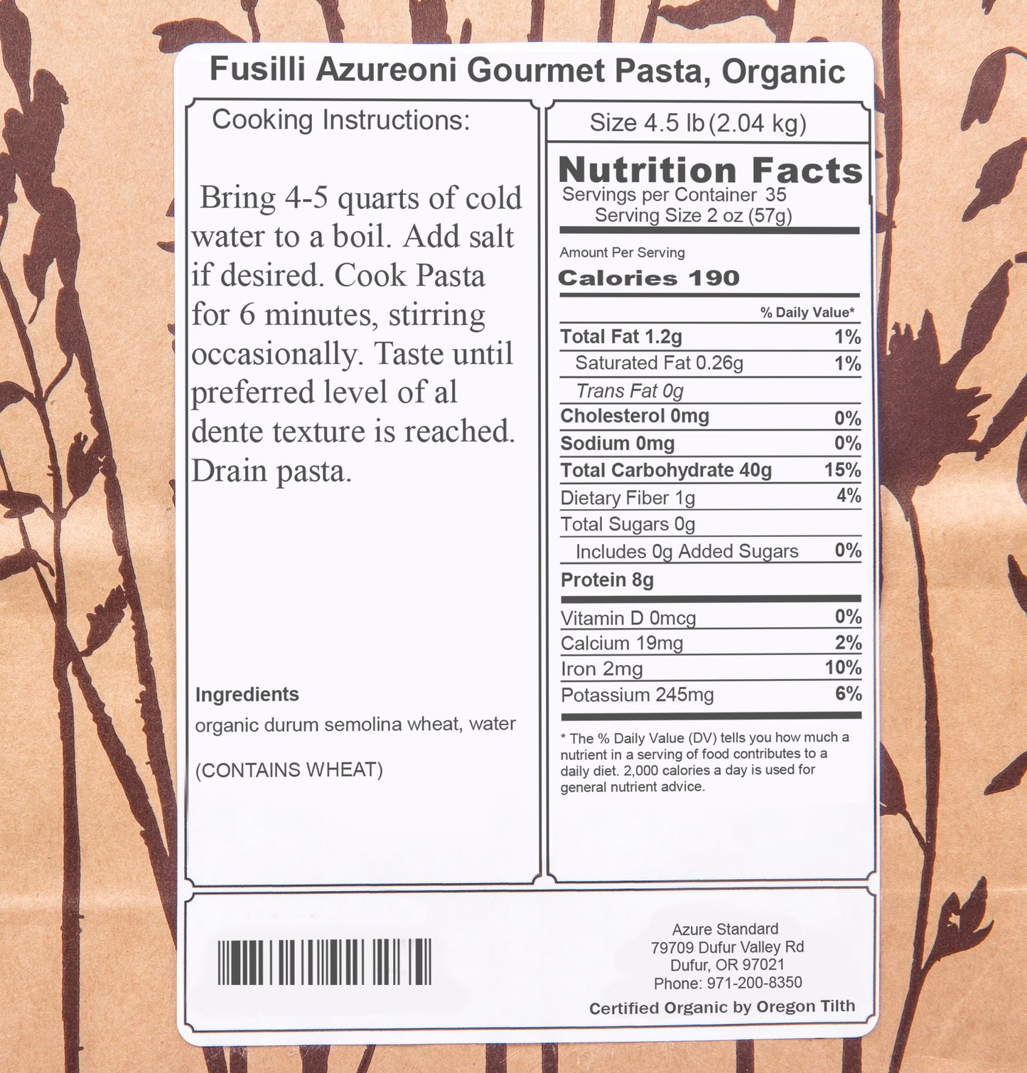 Fusilli Azuroni Gourmet Pasta, Organic