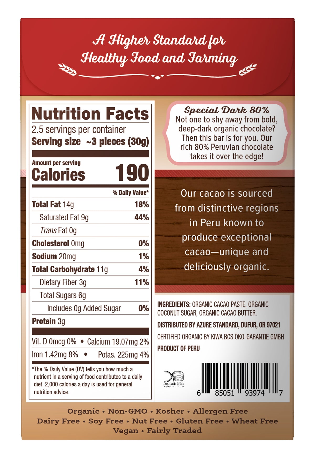Dark Chocolate Bar 80% Sweetened With Coconut Sugar, Organic