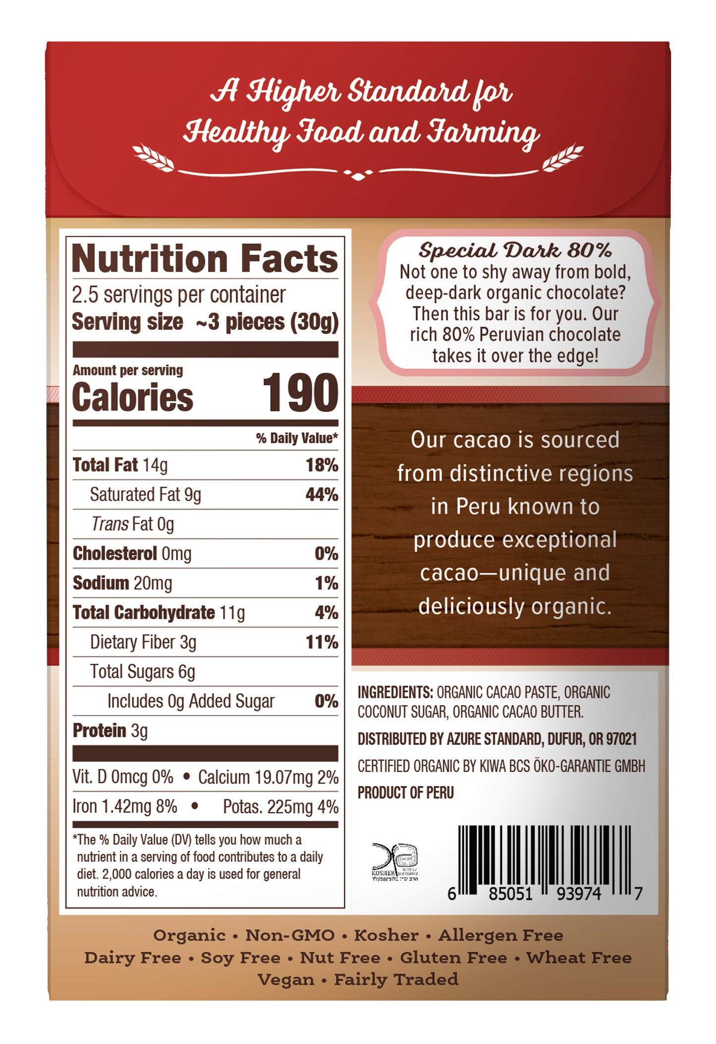Dark Chocolate Bar 80% Sweetened With Coconut Sugar, Organic