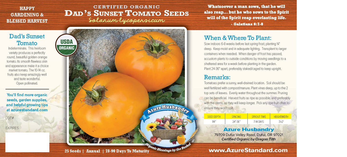 Dad's Sunset Tomato Seed, Organic
