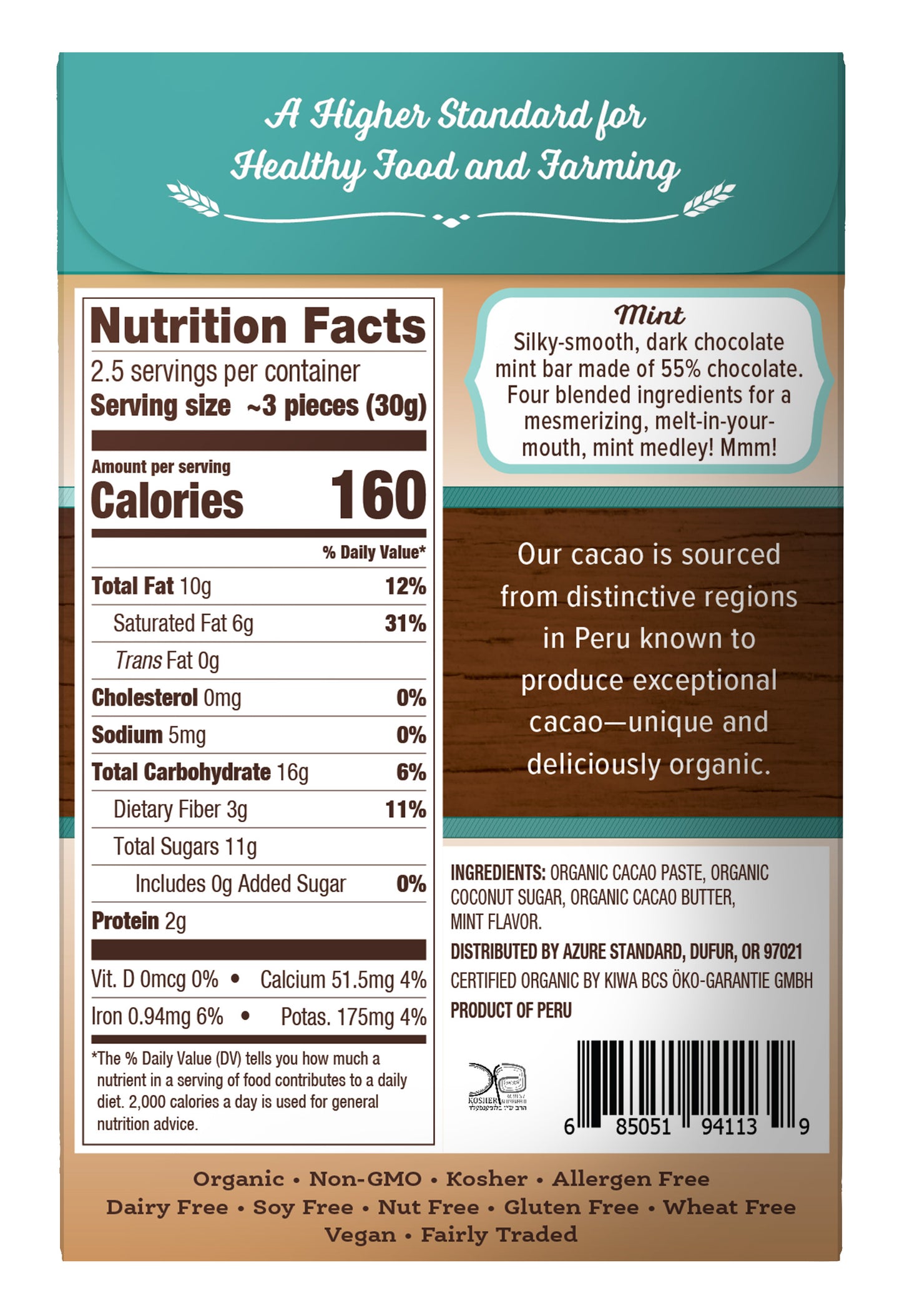 Dark Chocolate Bar Mint 55%, Sweetened With Coconut Sugar, Organic