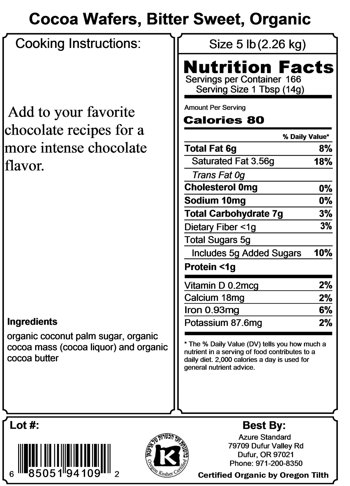 Cocoa Wafers, Bitter Sweet, Organic