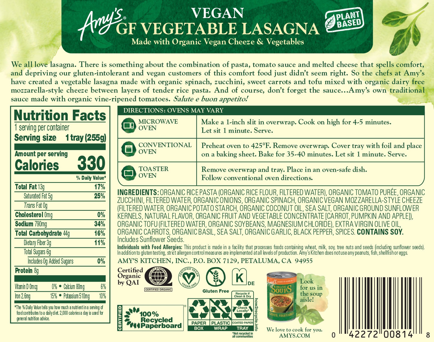 Vegetable Lasagna, GF, Dairy Free, Frozen