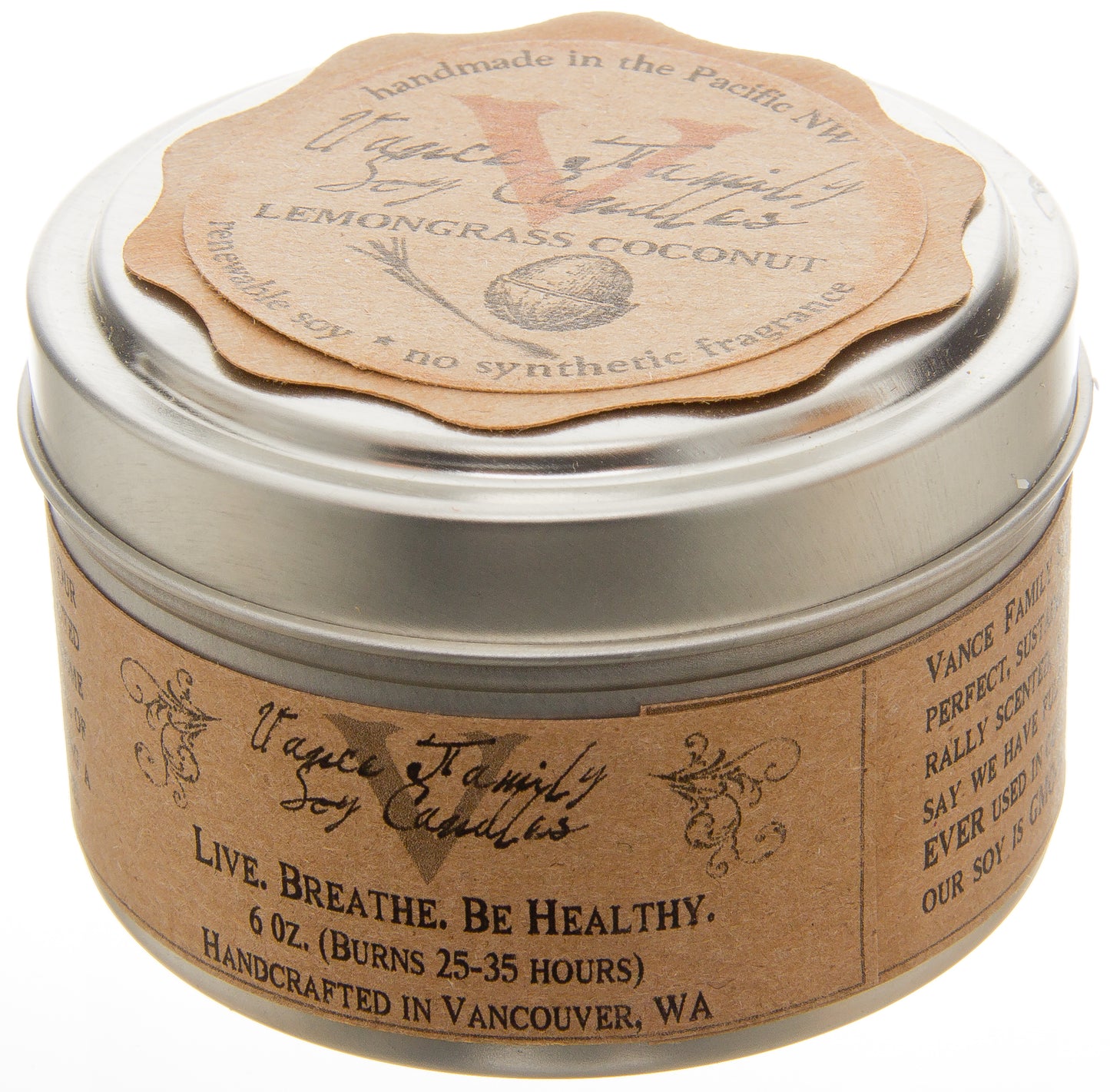 Soy Candle, Lemongrass Coconut, in Tin, Non-GMO