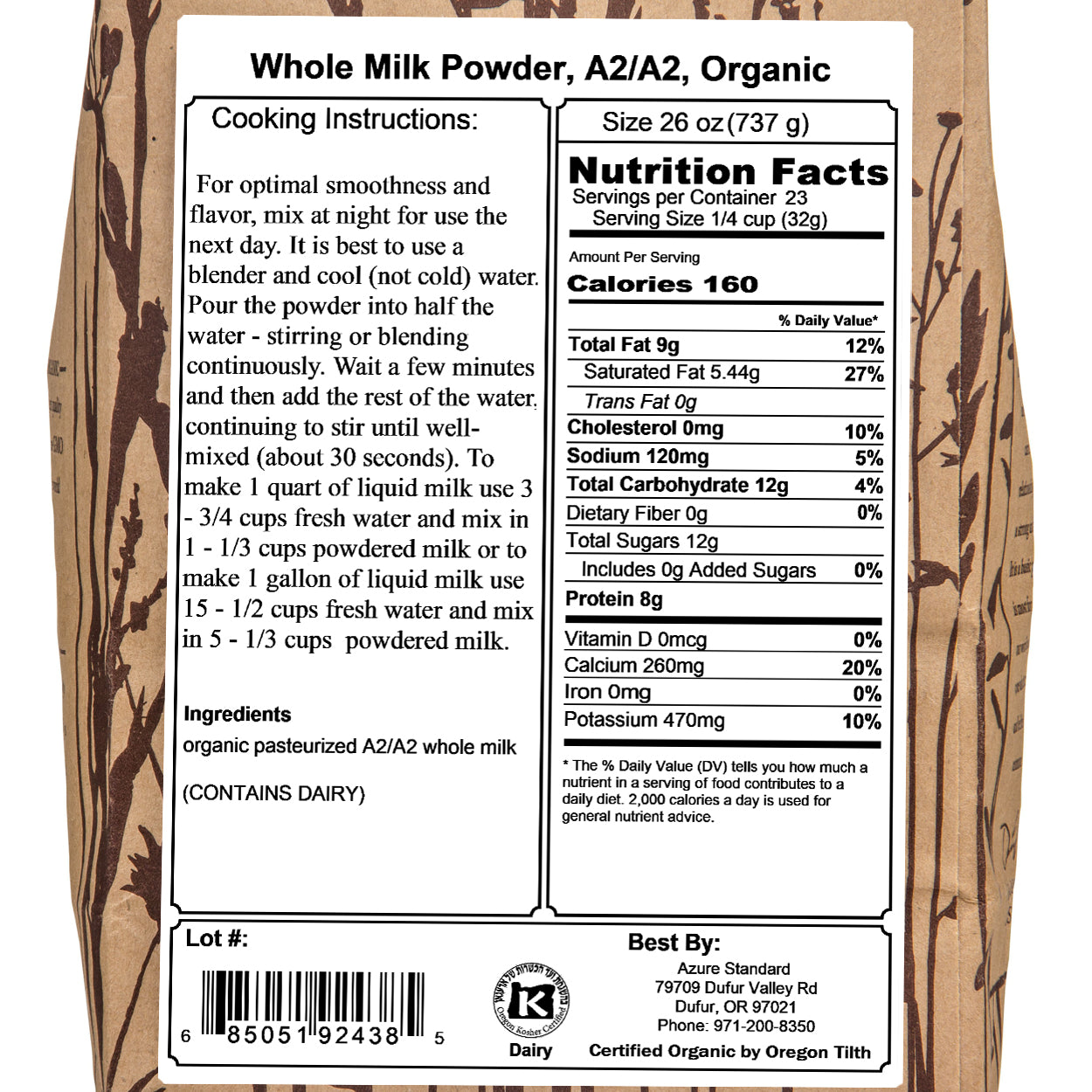Whole Milk Powder, A2/A2, Organic
