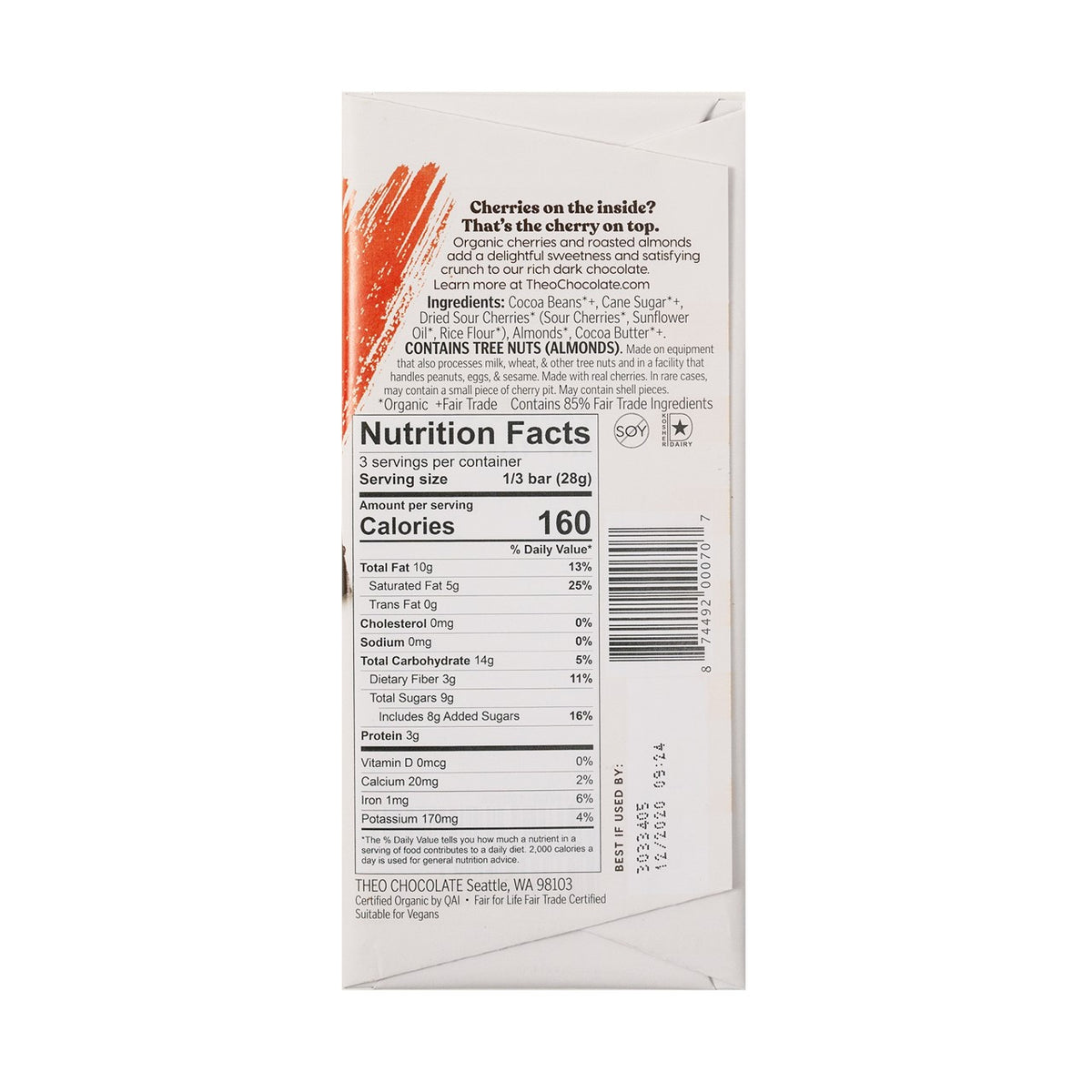 Chocolate Bar, Cherry Almond, Dark, 70%, Organic