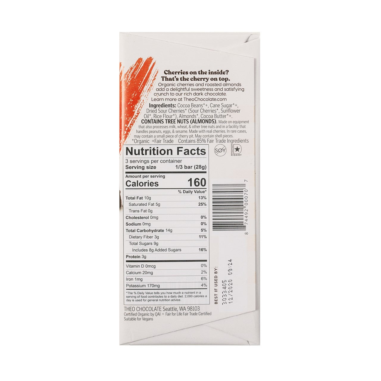 Chocolate Bar, Cherry Almond, Dark, 70%, Organic