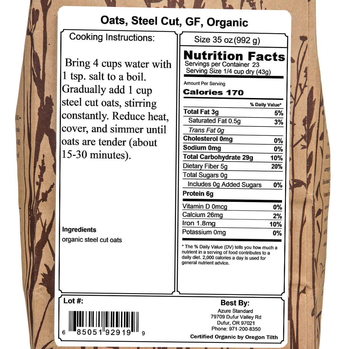 Oats, Steel Cut, GF, Organic