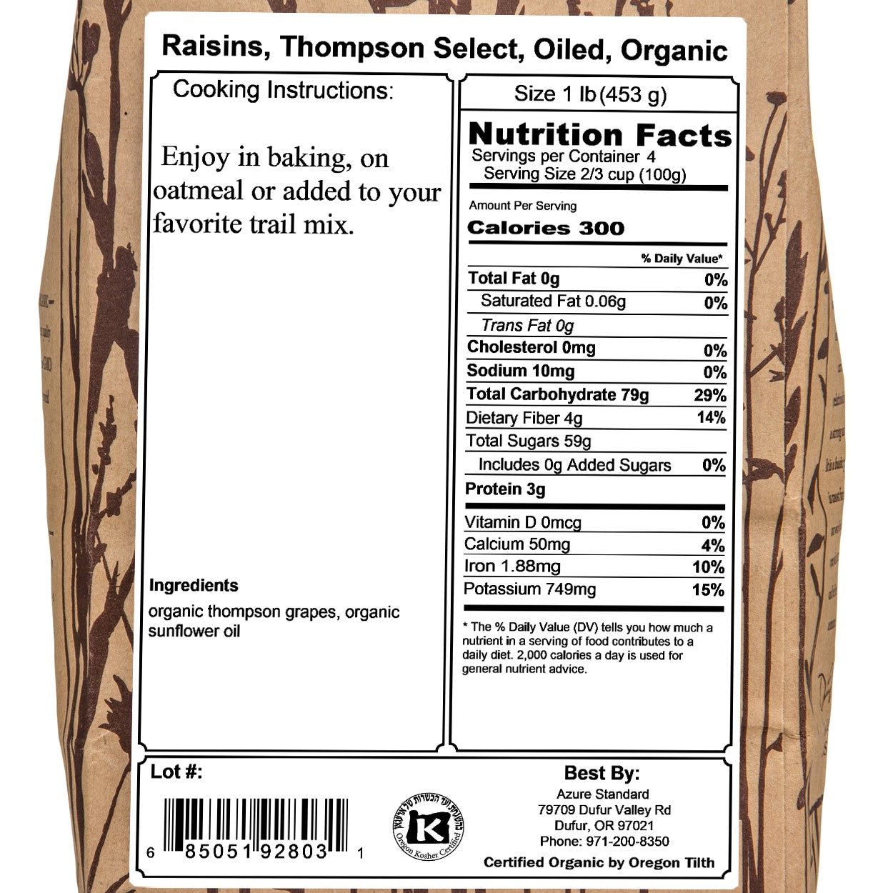 Raisins, Thompson Select, Oiled, Organic