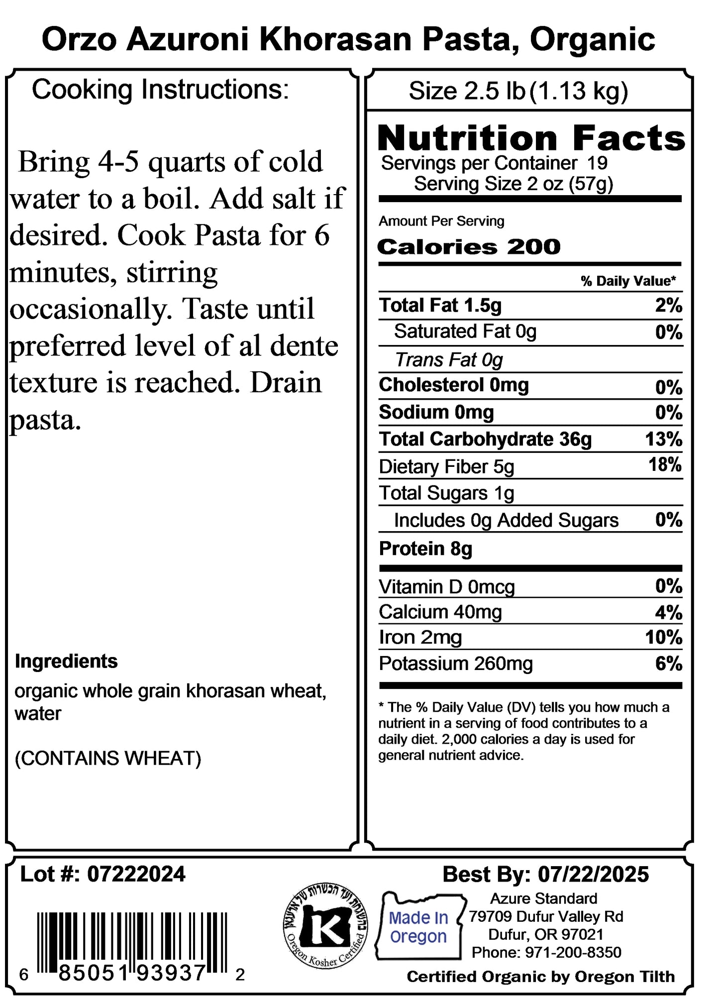 Orzo Azuroni Khorasan Pasta, Organic