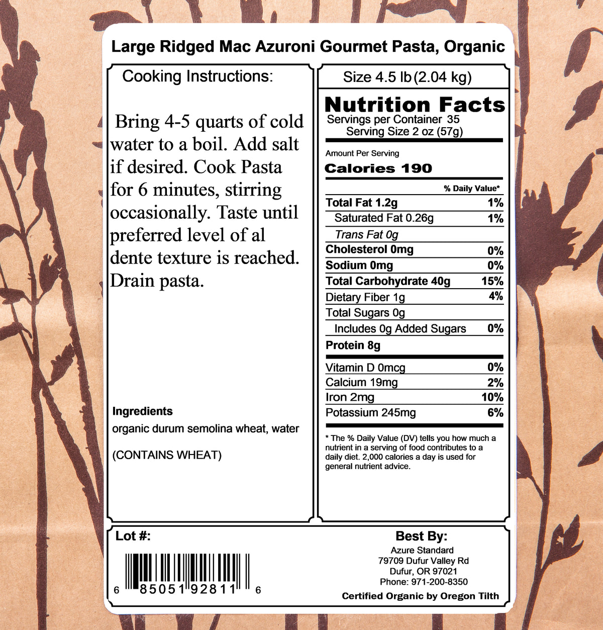 Large Ridged Mac Azuroni Gourmet Pasta, Organic