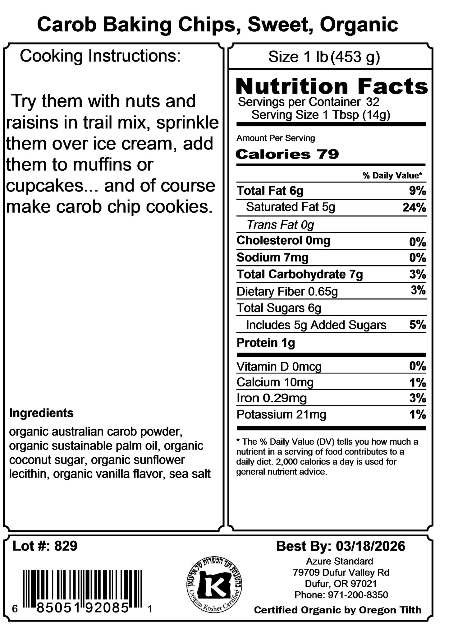 Carob Baking Chips, Sweet, Organic