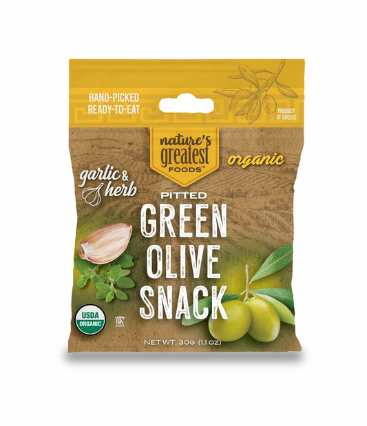 Green Olive Snack Pitted, Garlic & Herb, Organic
