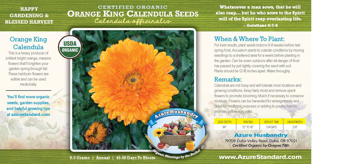 Orange King Calendula Seed, Organic