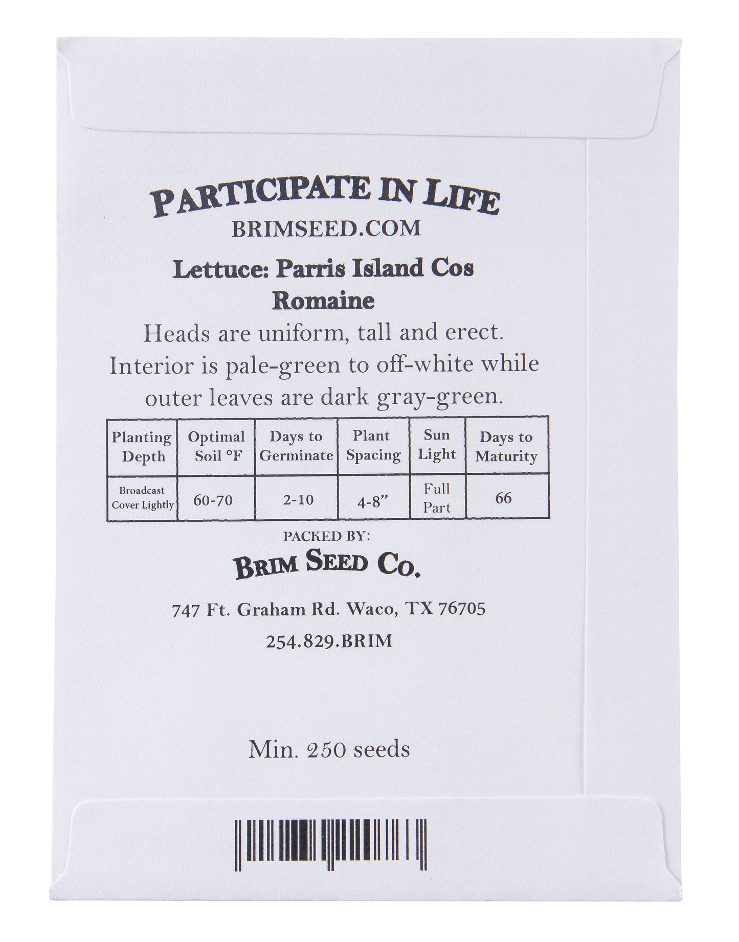 Lettuce, Parris Island Cos, Romaine Heirloom Seed