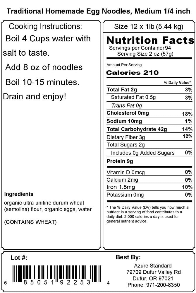 Traditional Homemade Egg Noodles, Medium 1/4 inch