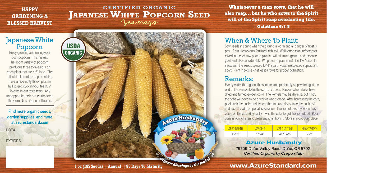 Japanese White Popcorn Seed, Organic