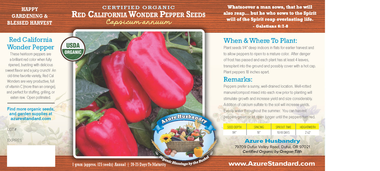 Red California Wonder Pepper Seed, Organic