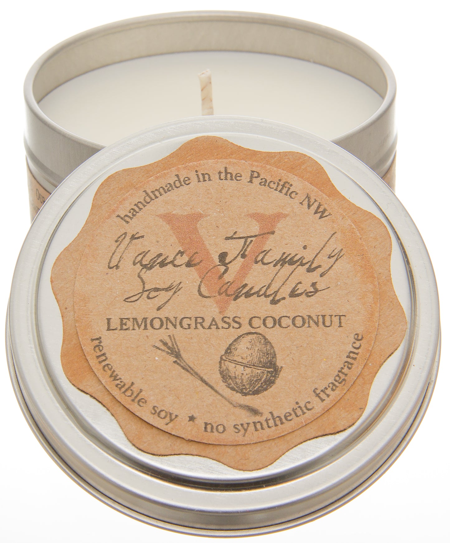 Soy Candle, Lemongrass Coconut, in Tin, Non-GMO
