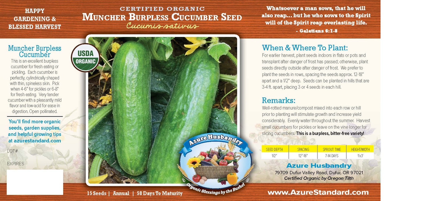 Muncher Burpless Cucumber Seed, Organic