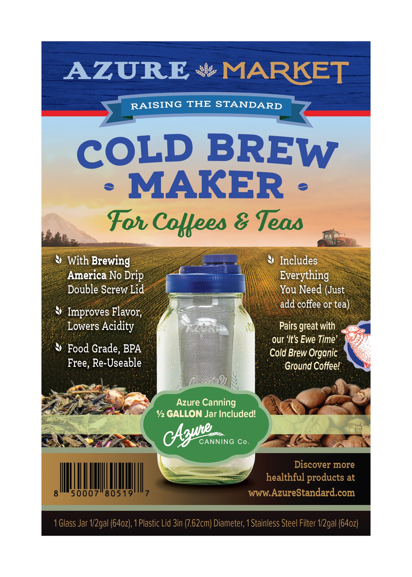 Cold Brew Coffee Maker Kit, 1/2 Gallon Jar, Wide Mouth, Blue