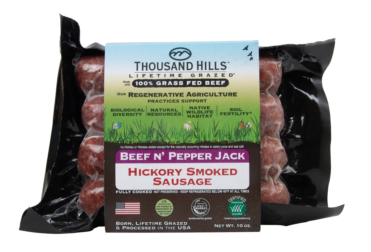 Beef 'n Pepper Jack Sausage, Uncured, Hickory Smoked, Frozen, Grass-Fed
