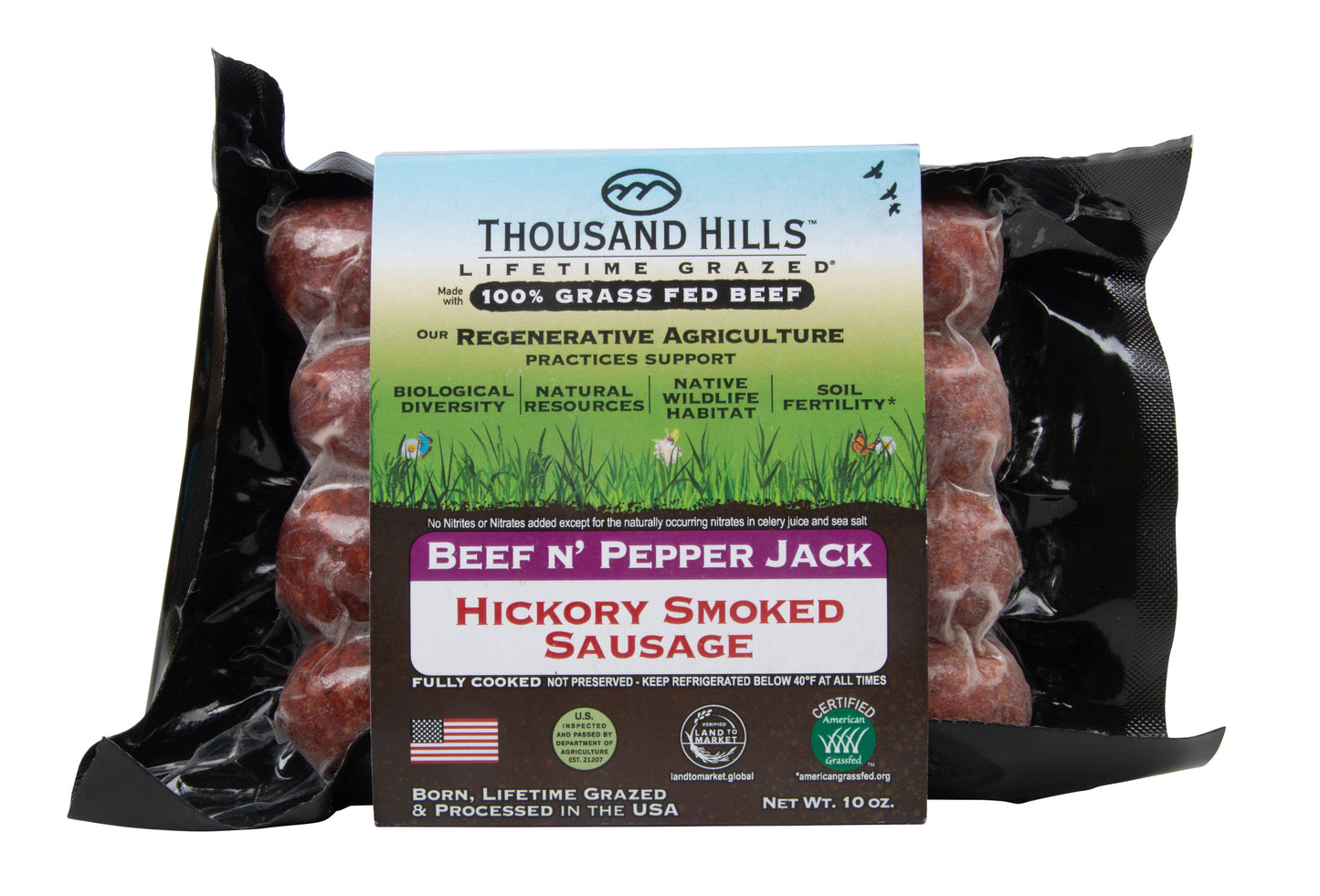 Beef 'n Pepper Jack Sausage, Uncured, Hickory Smoked, Frozen, Grass-Fed