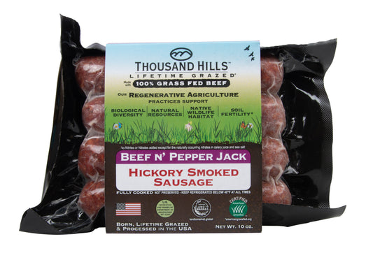 Beef 'n Pepper Jack Sausage, Uncured, Hickory Smoked, Frozen, Grass-Fed