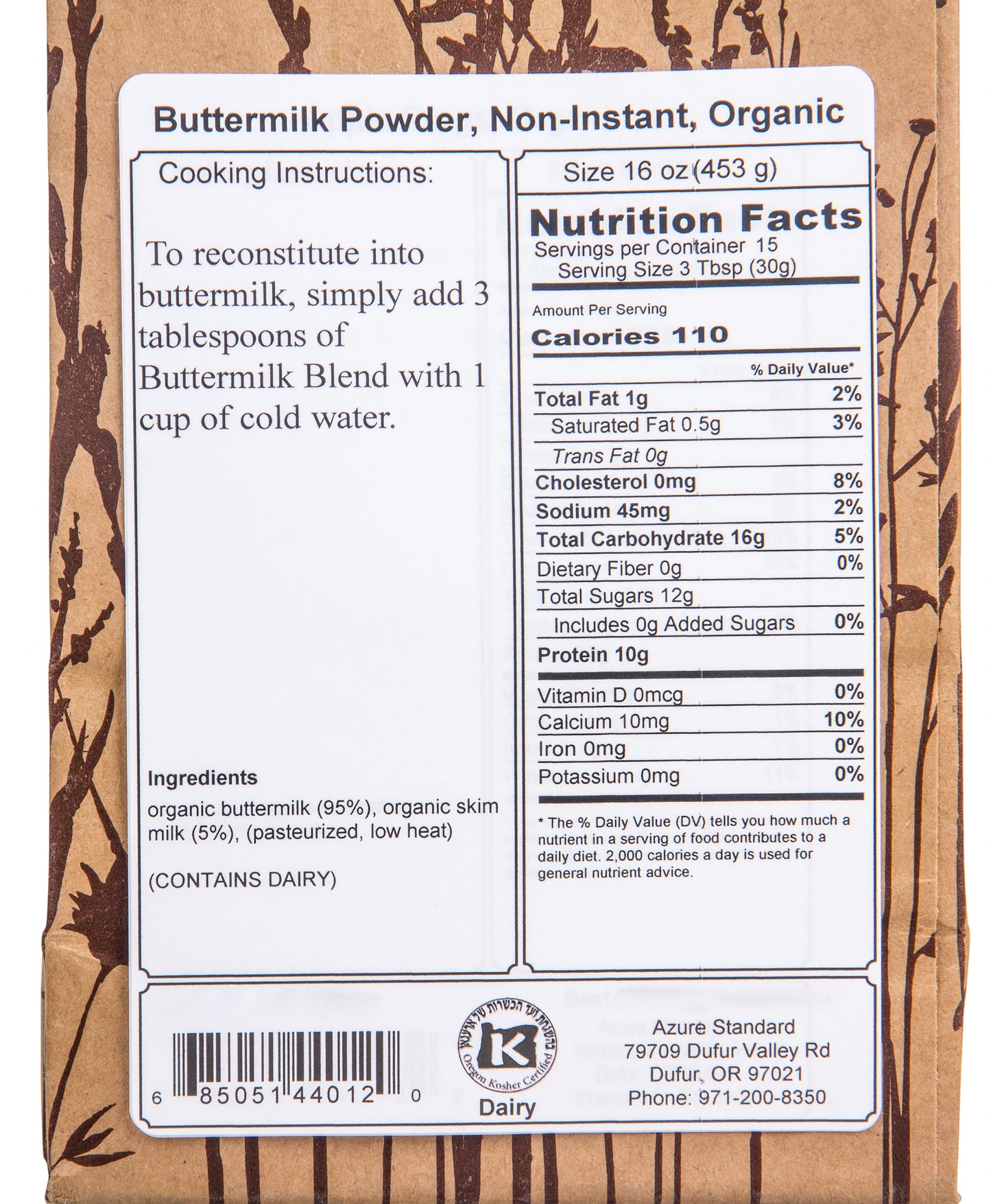 Buttermilk Powder, Non-Instant, Organic